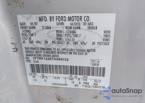 2007 Ford F-150 Stx/Xl/Xlt из США, поврежденный, VIN 1FTRF12267NA69332